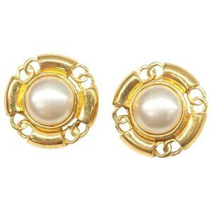 100% Authentic CHANEL Gold Metal CC Pearl Clip-On Earrings